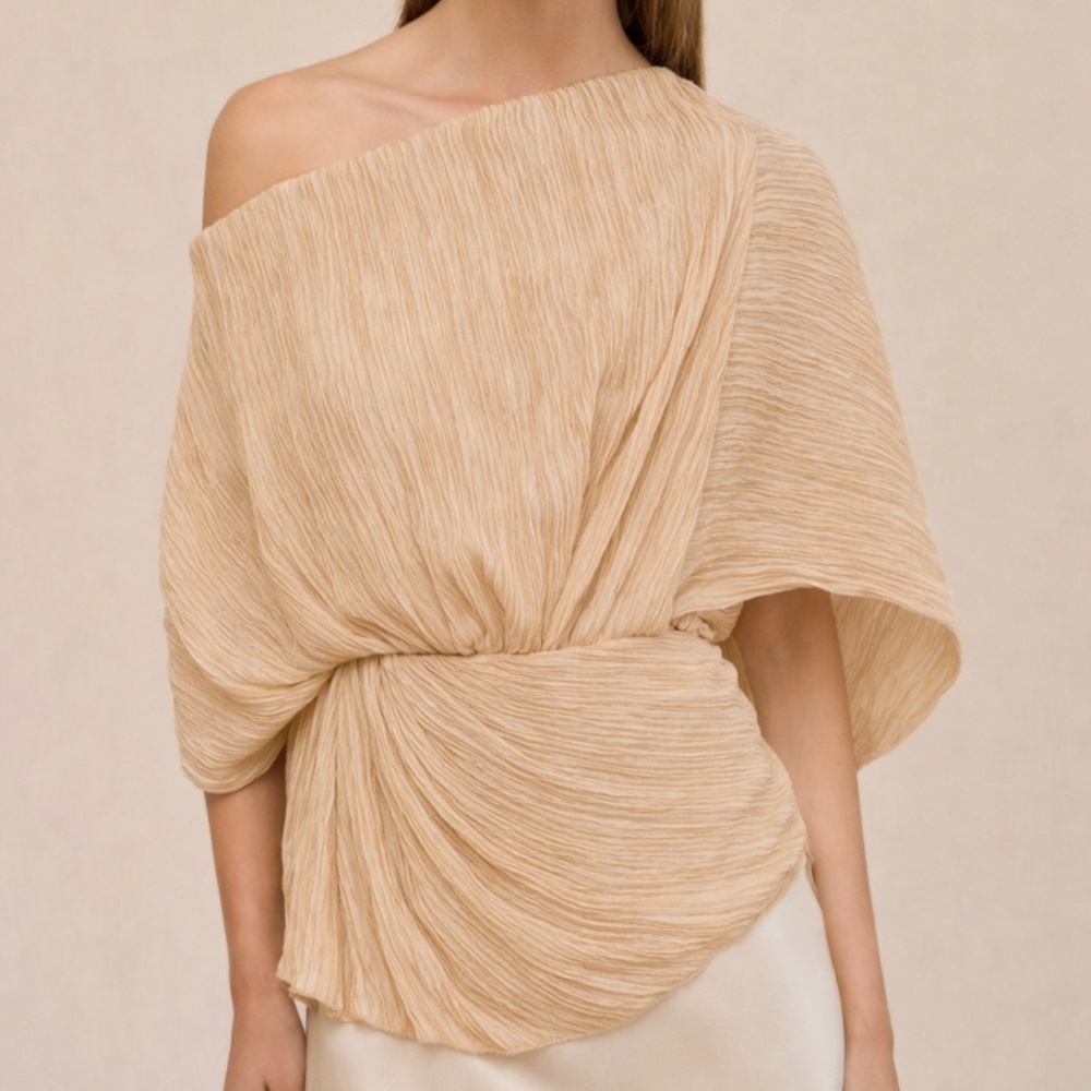 Cult Gaia Cami Top Beach Beige Pleated Asymmetrical Blouse NWT $448 Size L